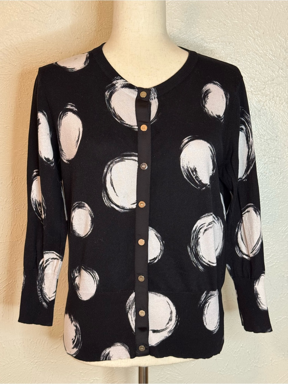 Anne Klein Black Cardigan with White Brushstroke Polka Dot Print M